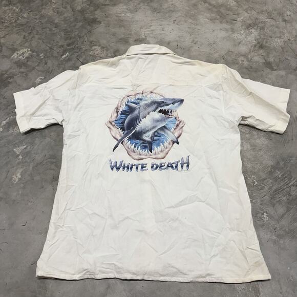 Vintage Shark Death Coast Size XL Cotton Dolphins Ropa De Playa Button READ DESC - Picture 1 of 6